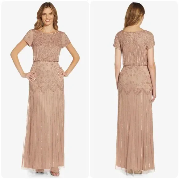 ADRIANNA PAPELL SHORT SLEEVE BLOUSON BEADED GOWN IN ROSE GOLD - Picture 1 of 14